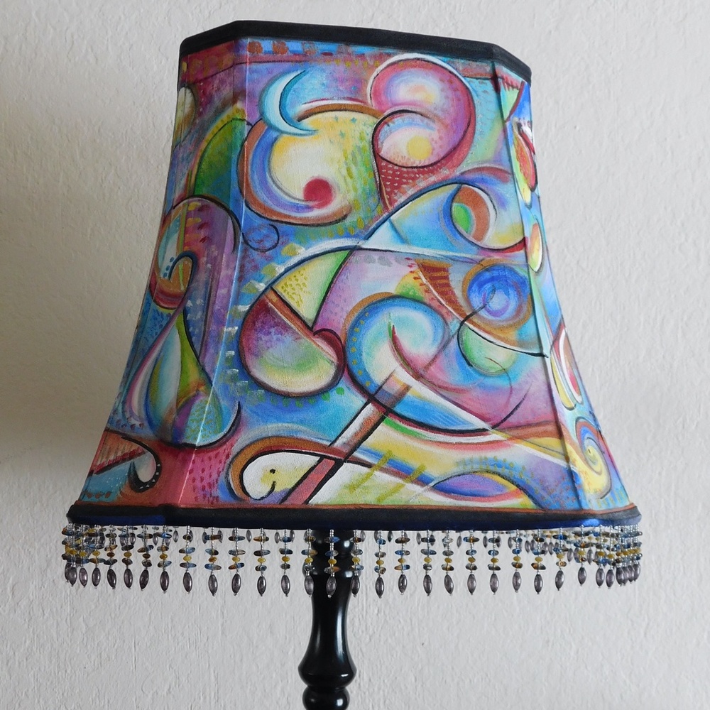 Large Hand Painted 360 Degrees Abstract Beaded Lg Square Lampshade